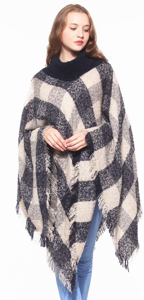 Plaid Turtleneck Poncho Wrap