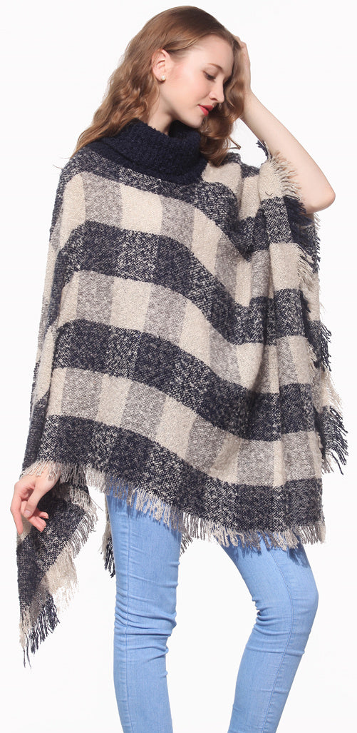 Plaid Turtleneck Poncho Wrap