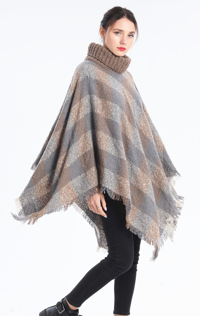 Plaid Turtleneck Poncho Wrap