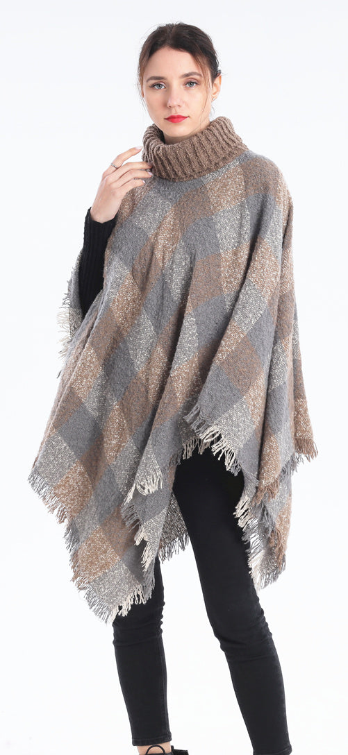 Plaid Turtleneck Poncho Wrap