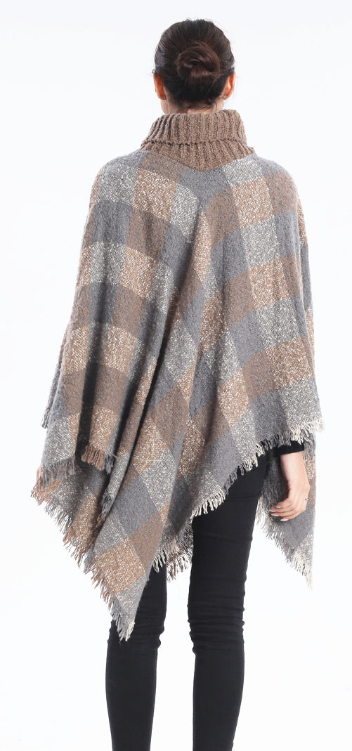 Plaid Turtleneck Poncho Wrap