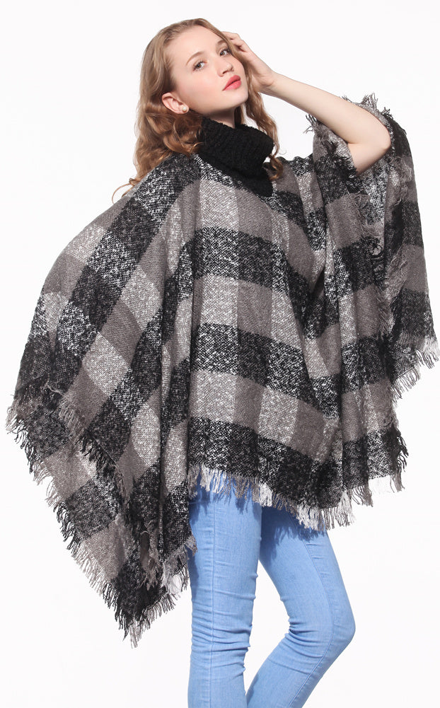 Plaid Turtleneck Poncho Wrap