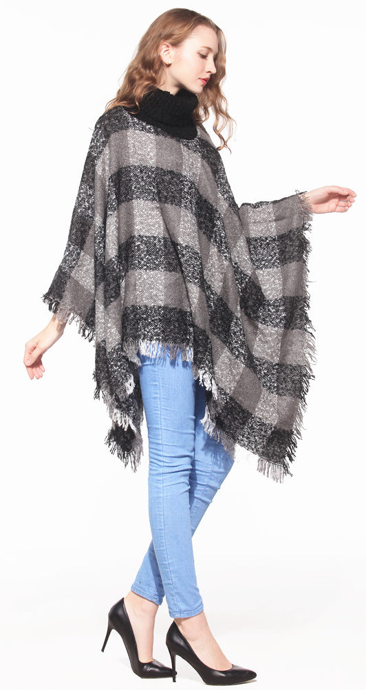 Plaid Turtleneck Poncho Wrap