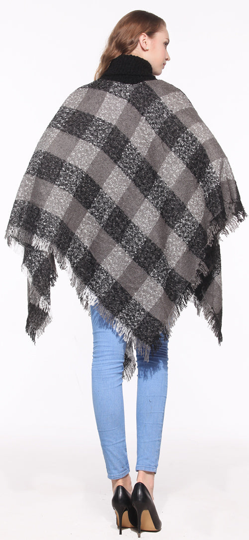 Plaid Turtleneck Poncho Wrap