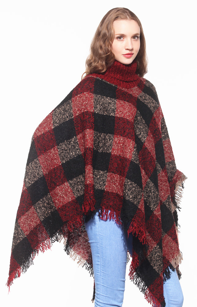 Plaid Turtleneck Poncho Wrap