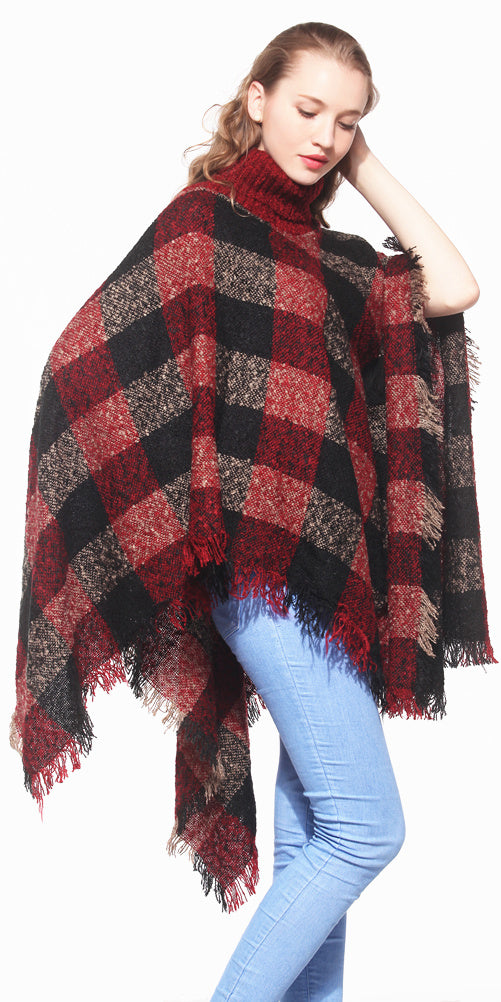 Plaid Turtleneck Poncho Wrap