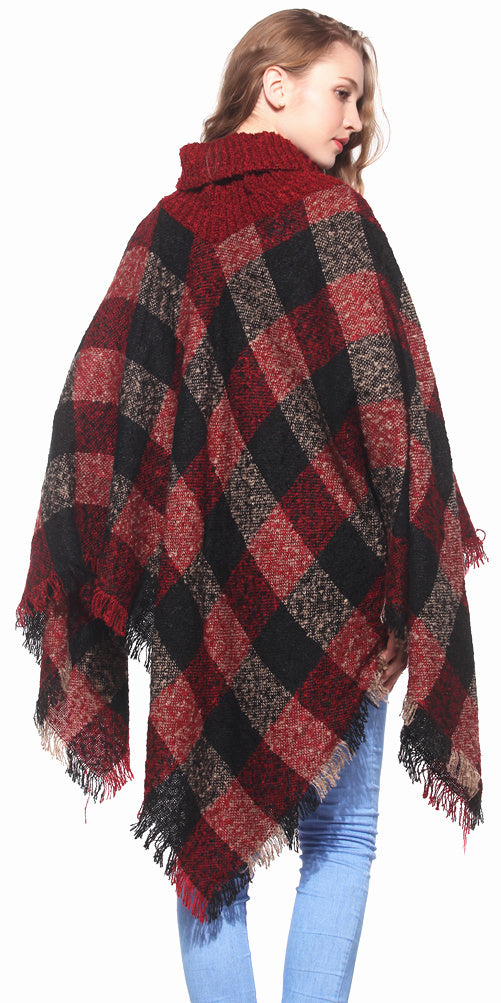 Plaid Turtleneck Poncho Wrap