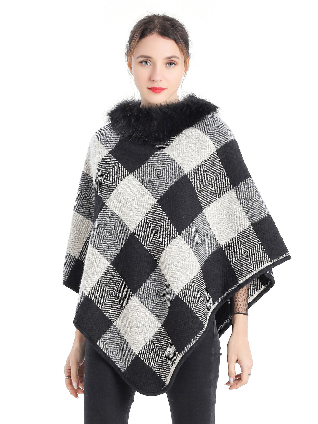 Collared Plaid Poncho