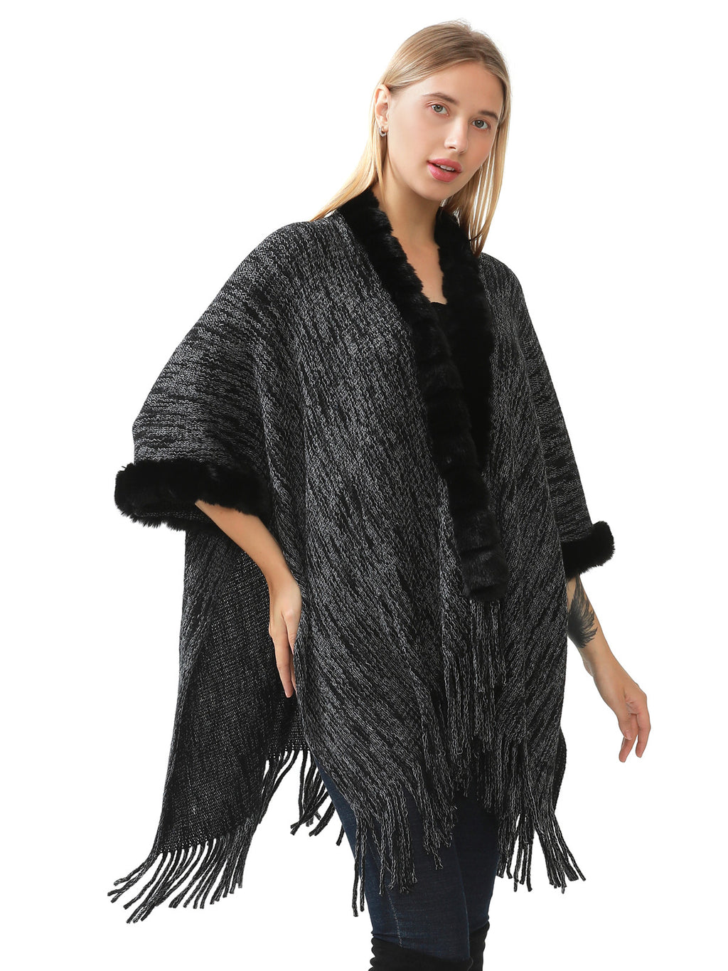Faux Fur Knit Poncho