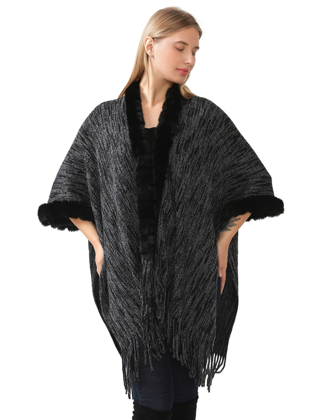 Faux Fur Knit Poncho