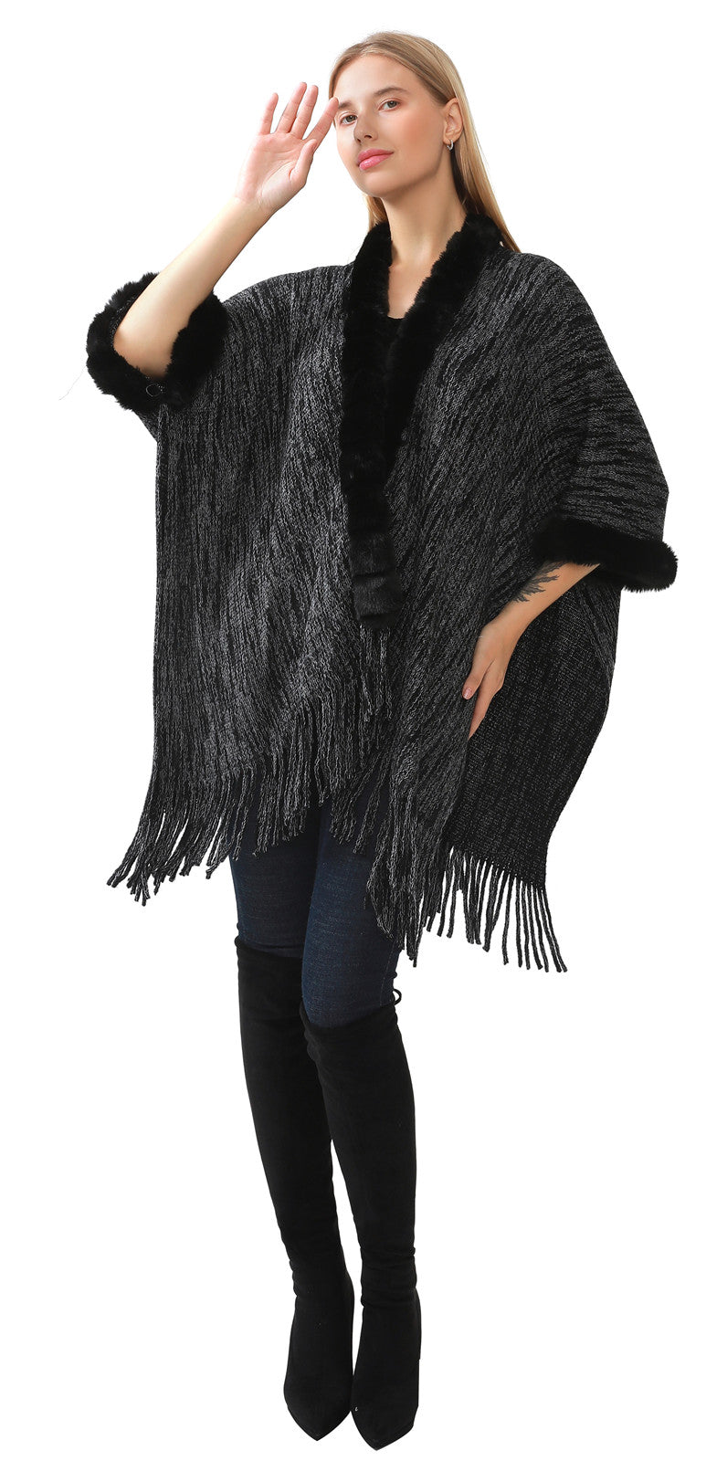 Faux Fur Knit Poncho