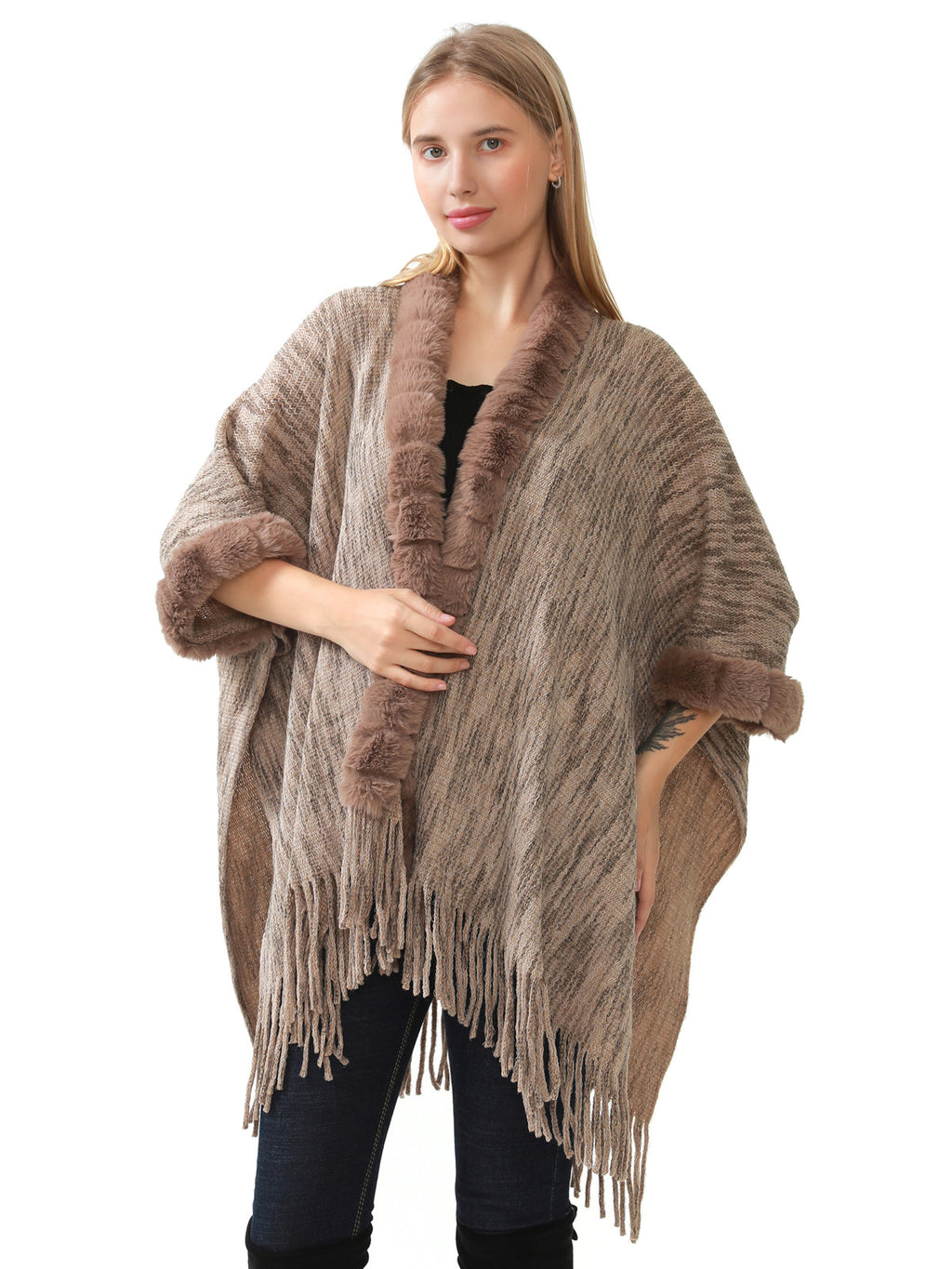 Faux Fur Knit Poncho