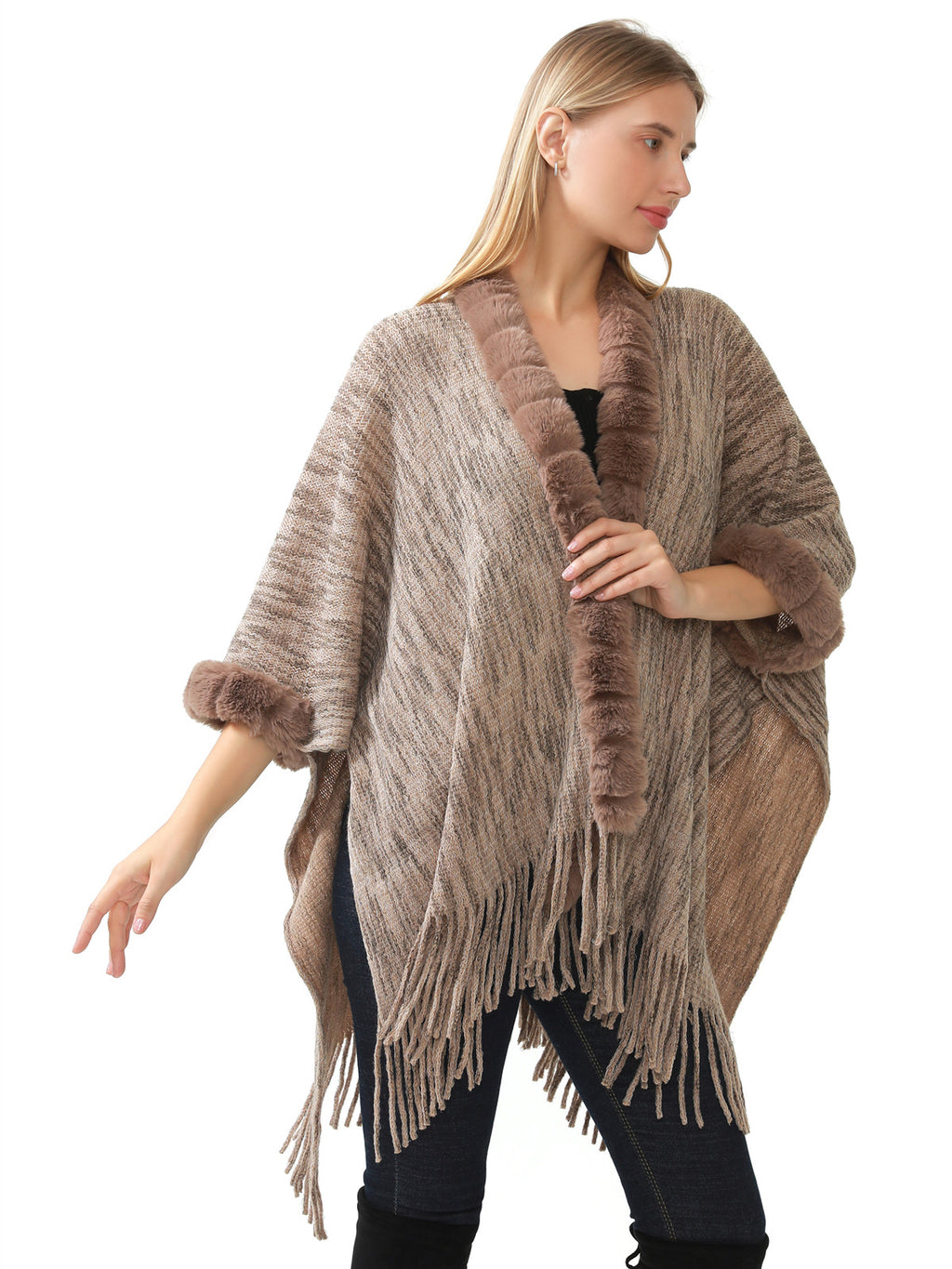 Faux Fur Knit Poncho