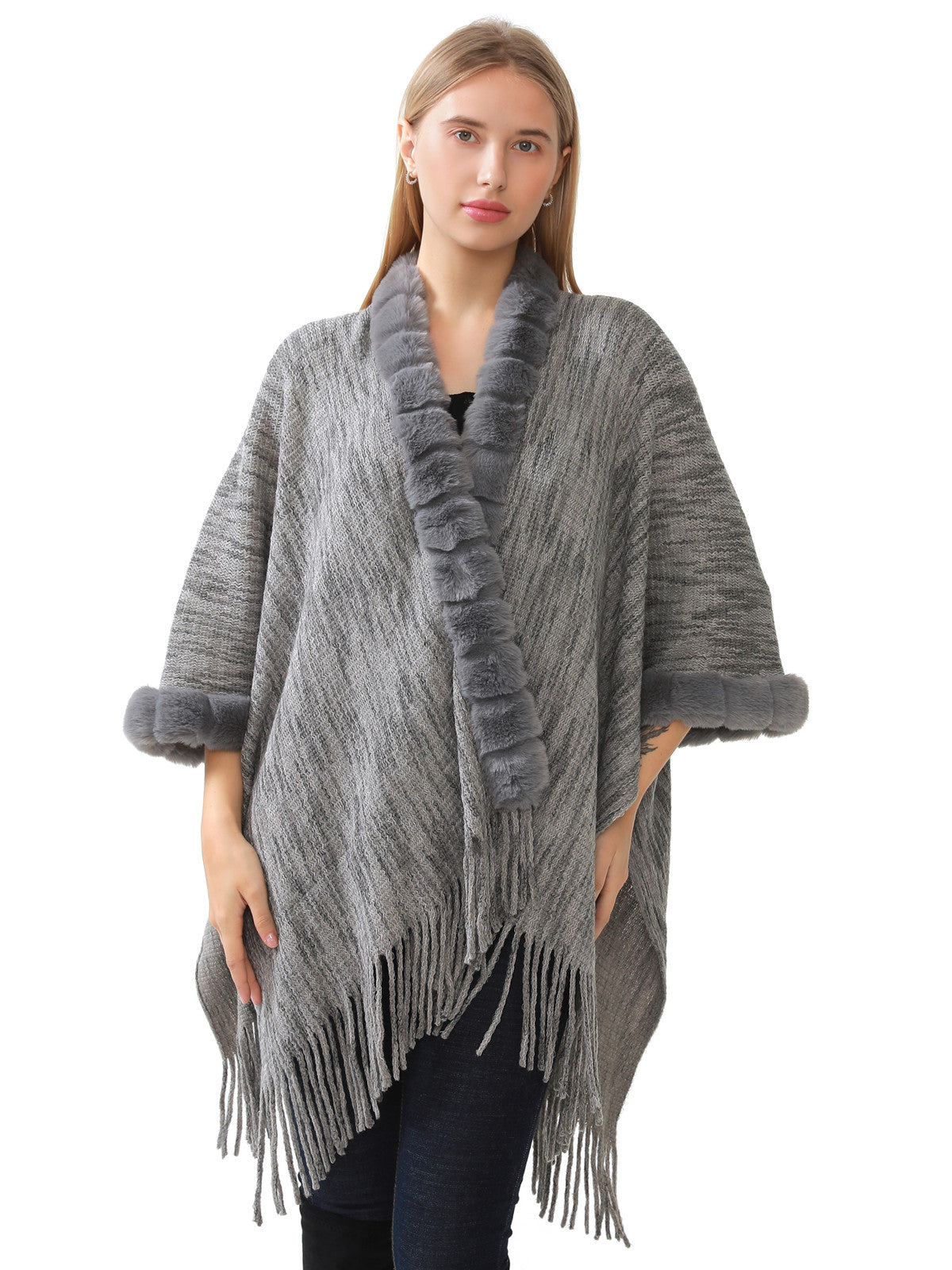 Faux Fur Knit Poncho