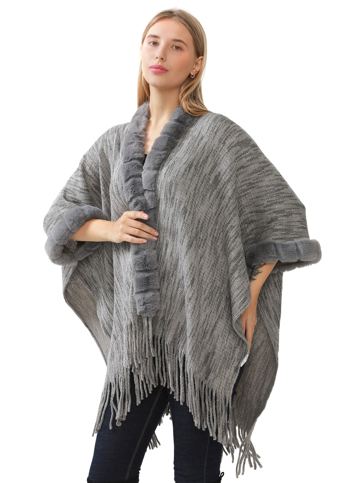 Faux Fur Knit Poncho