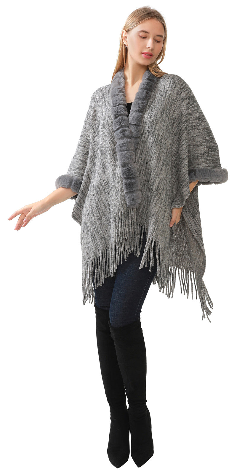 Faux Fur Knit Poncho