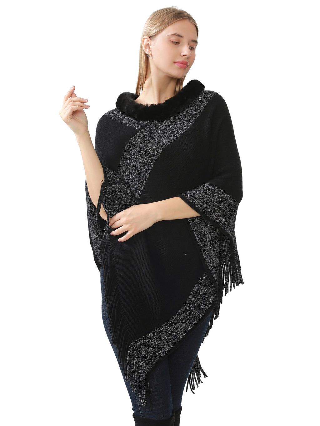 Faux Fur Accent Poncho