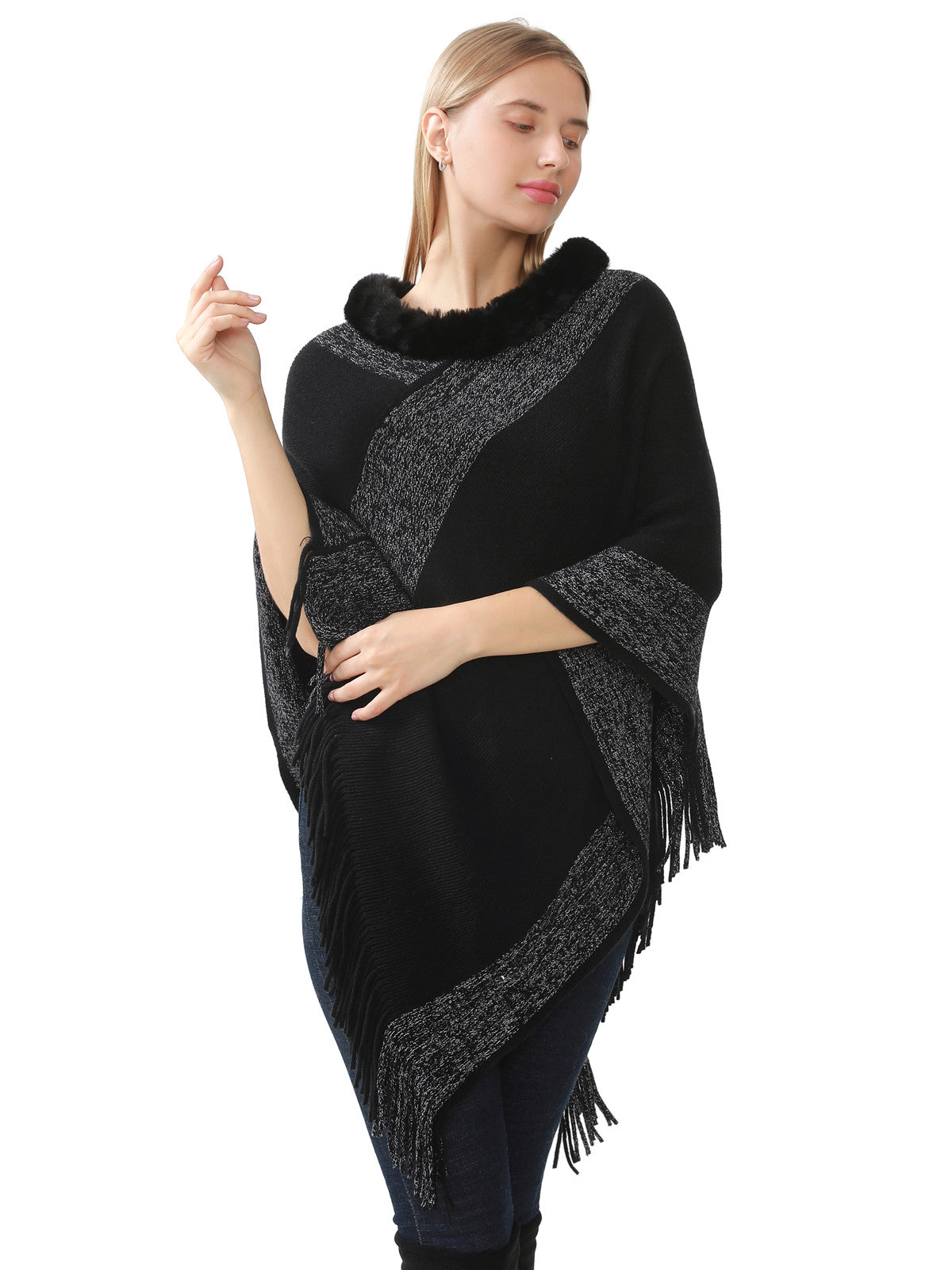 Faux Fur Accent Poncho