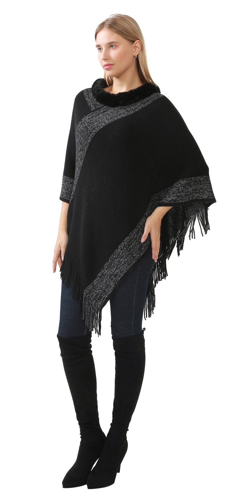 Faux Fur Accent Poncho