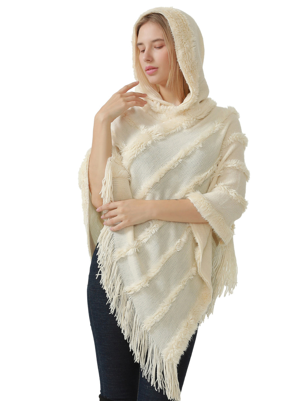 Hooded Fringe Stripe Poncho