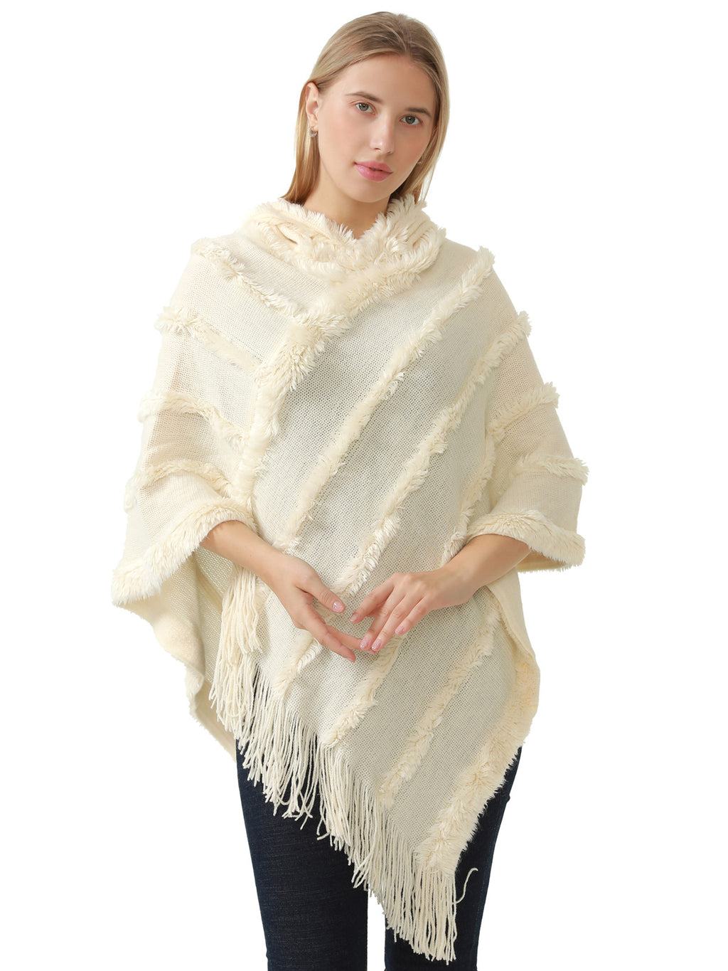 Hooded Fringe Stripe Poncho
