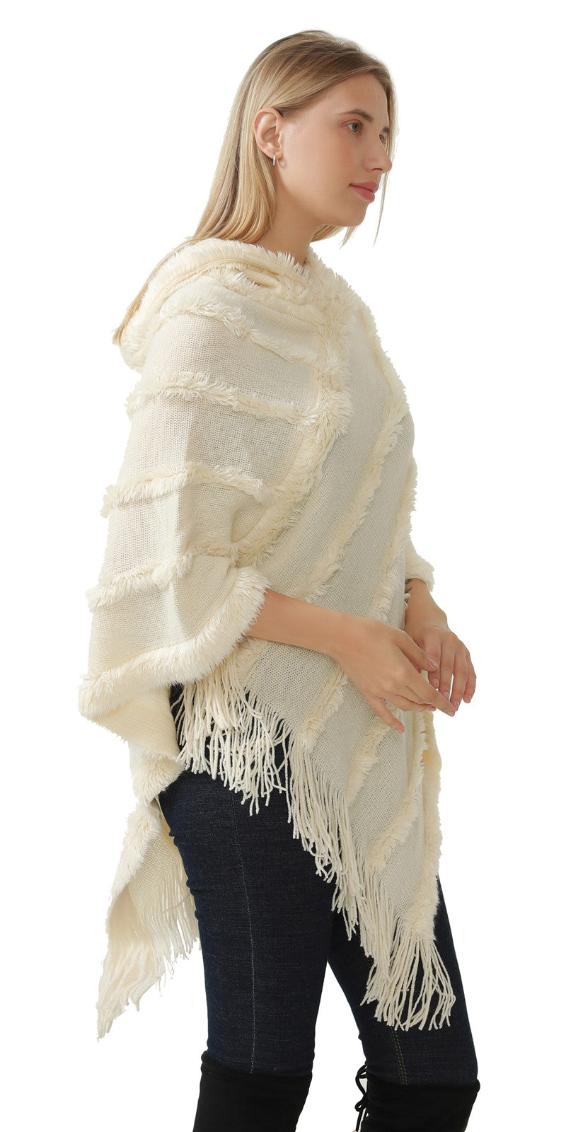 Hooded Fringe Stripe Poncho