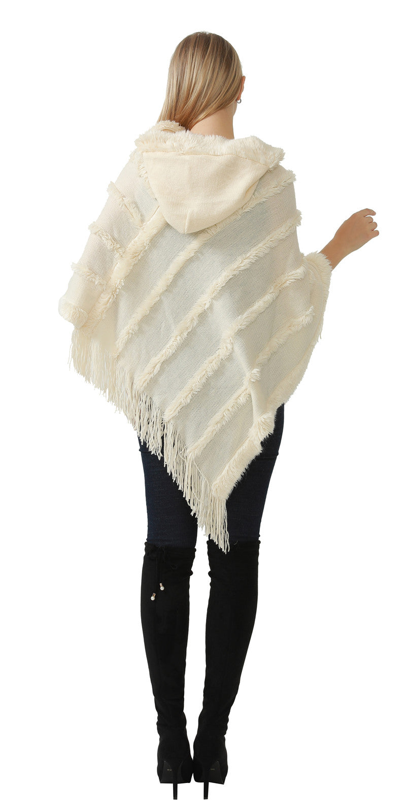 Hooded Fringe Stripe Poncho