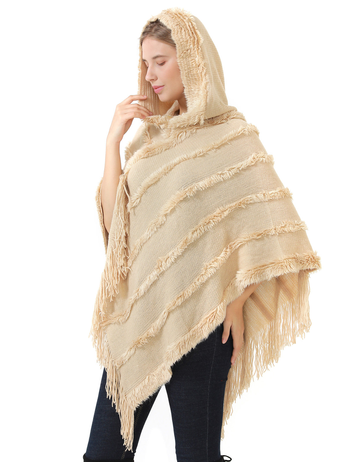 Hooded Fringe Stripe Poncho