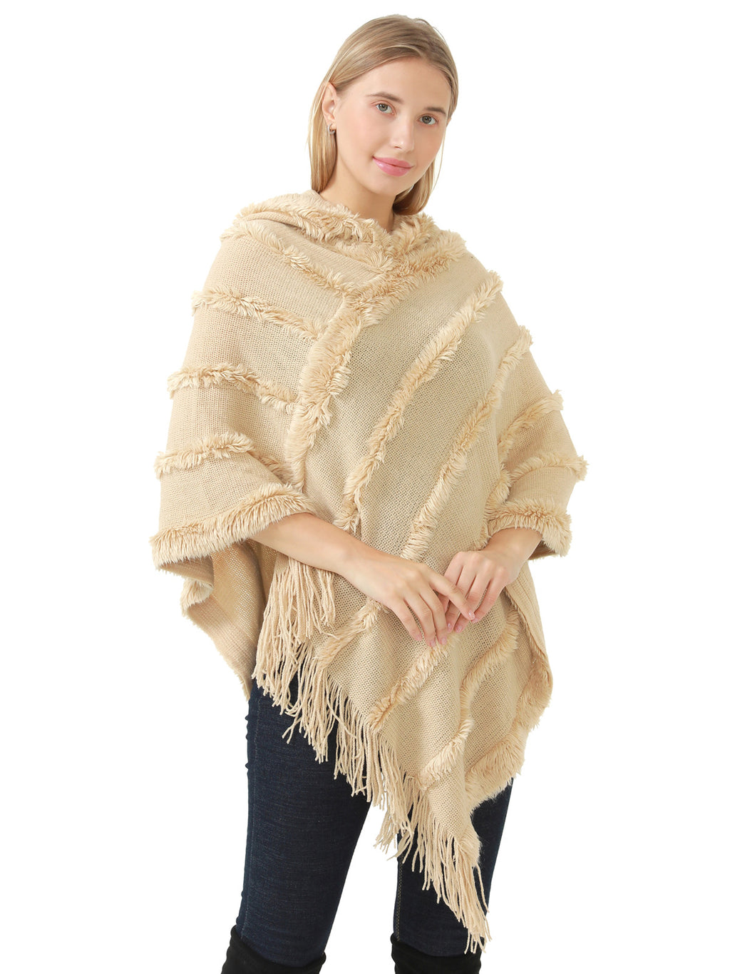 Hooded Fringe Stripe Poncho