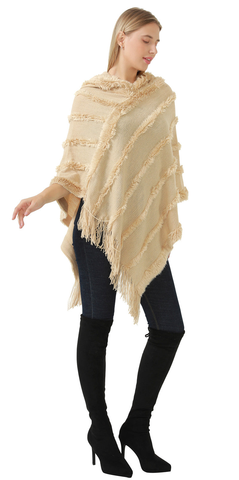 Hooded Fringe Stripe Poncho