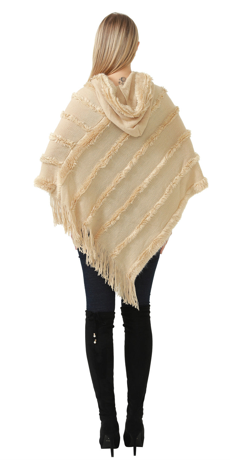 Hooded Fringe Stripe Poncho