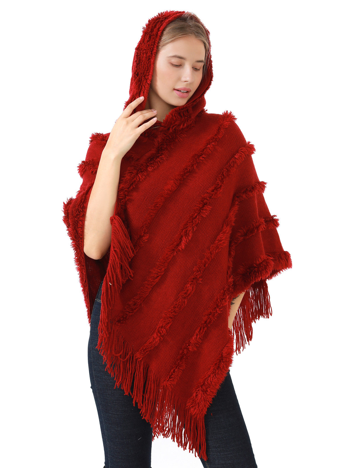 Hooded Fringe Stripe Poncho