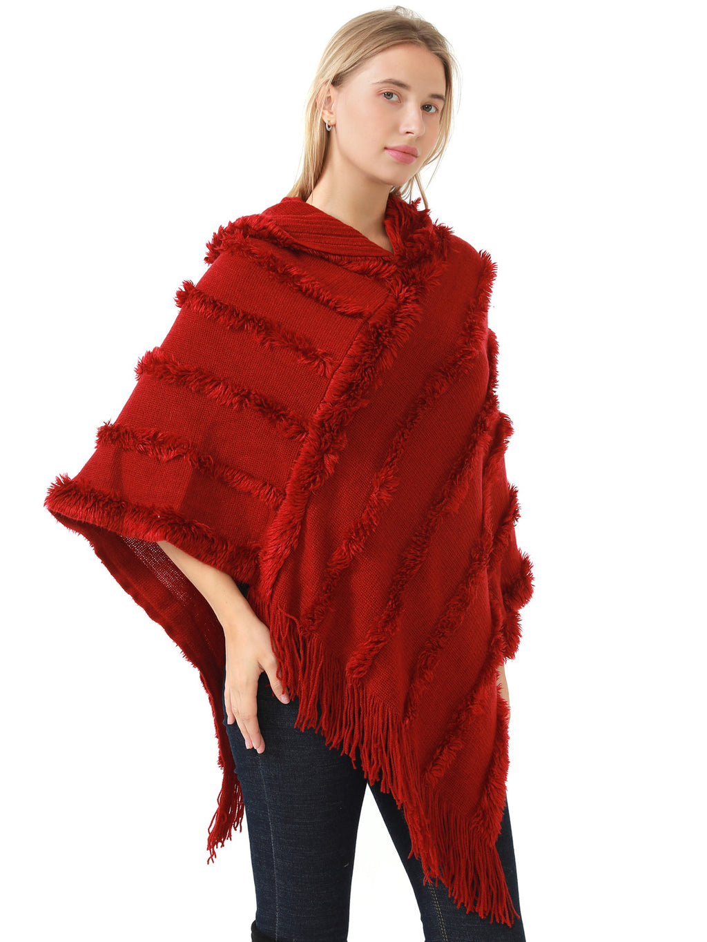 Hooded Fringe Stripe Poncho