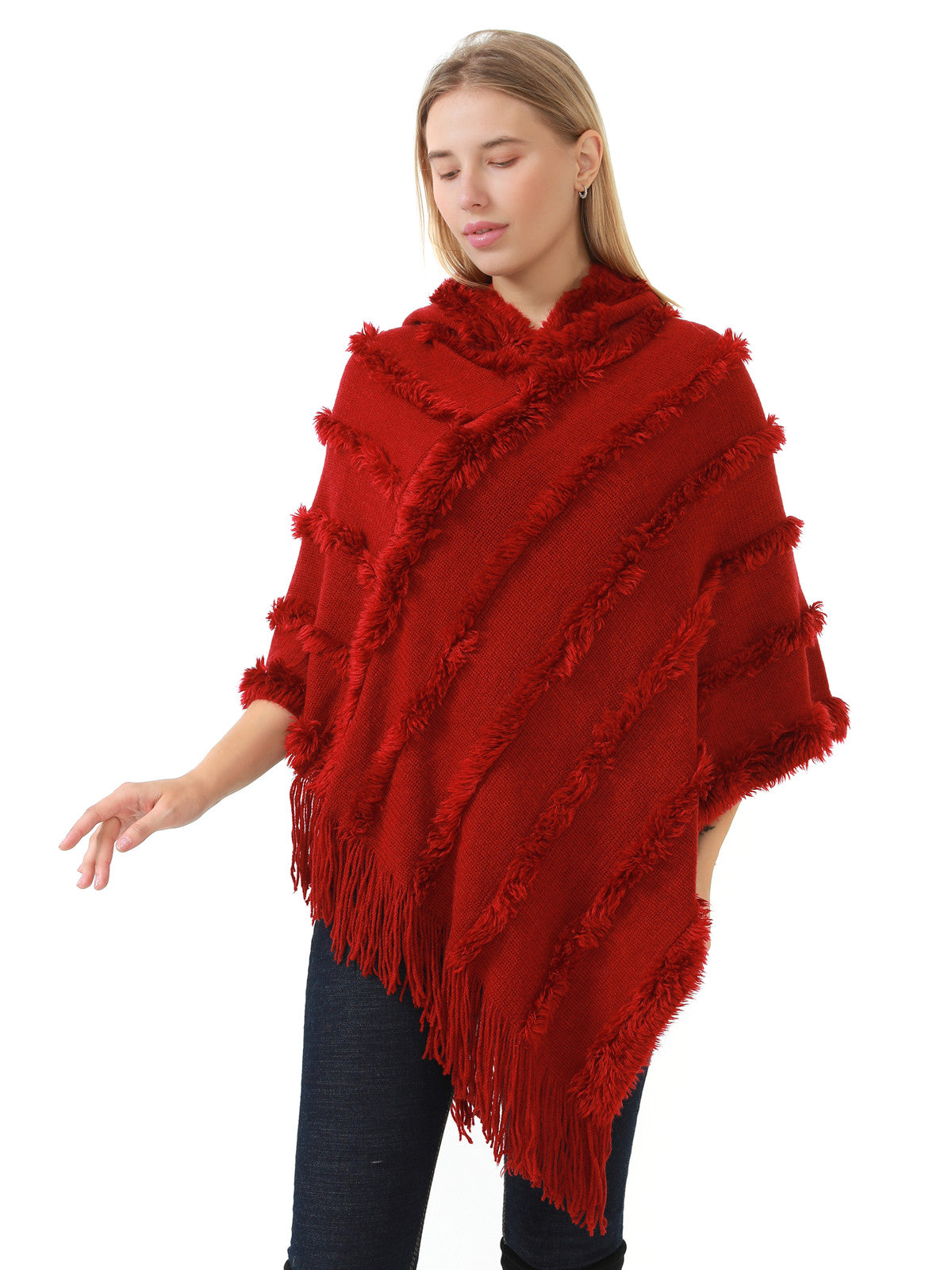 Hooded Fringe Stripe Poncho