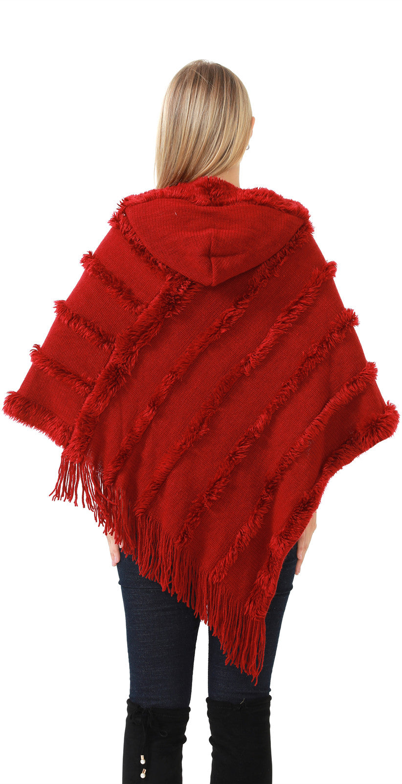 Hooded Fringe Stripe Poncho