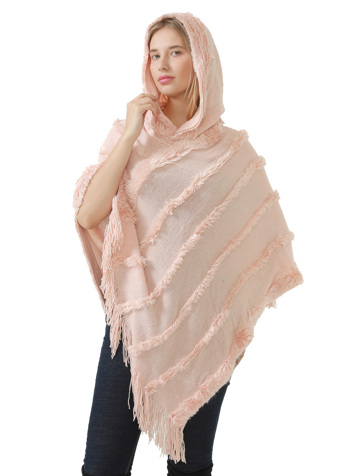 Hooded Fringe Stripe Poncho