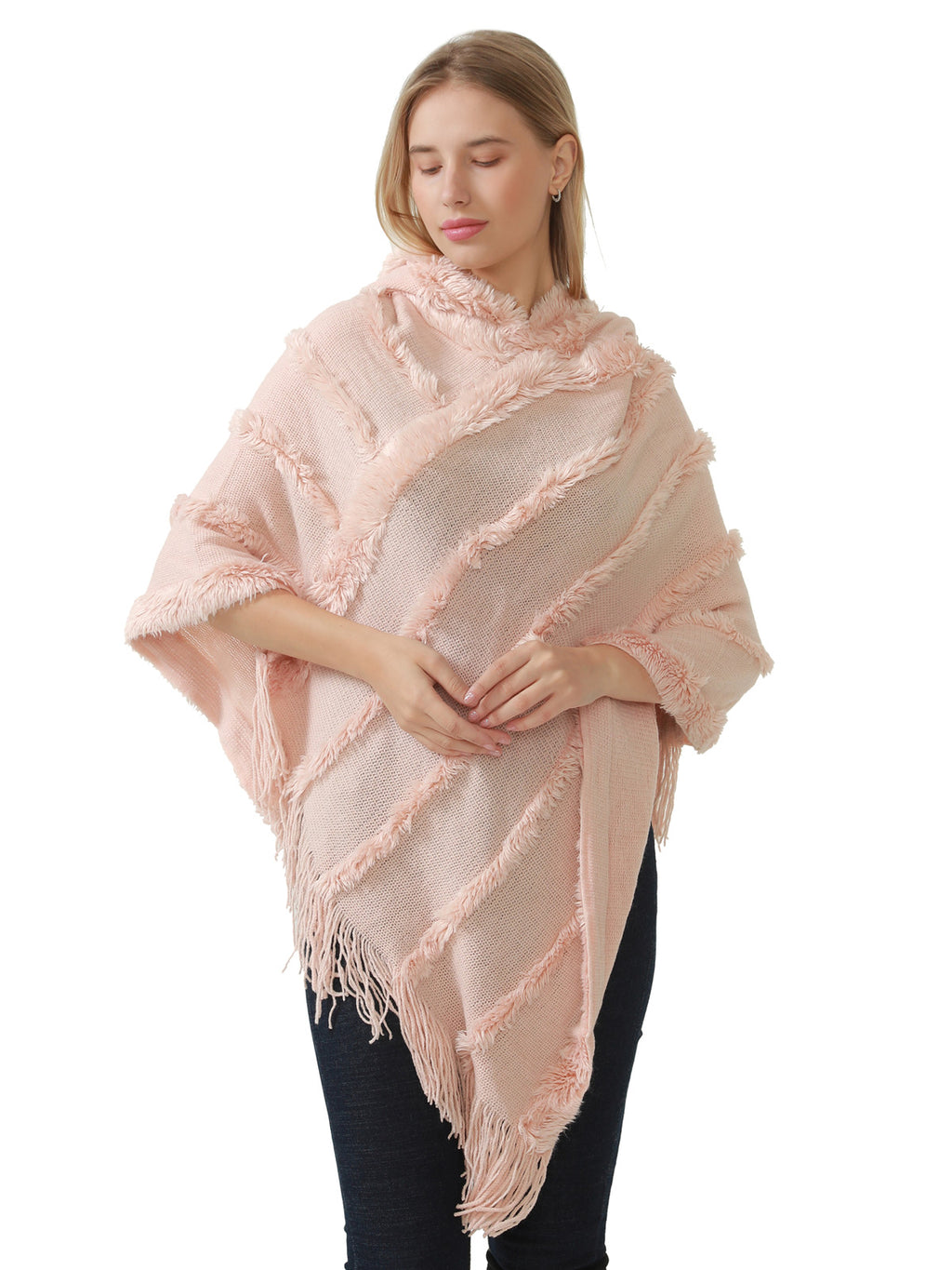 Hooded Fringe Stripe Poncho