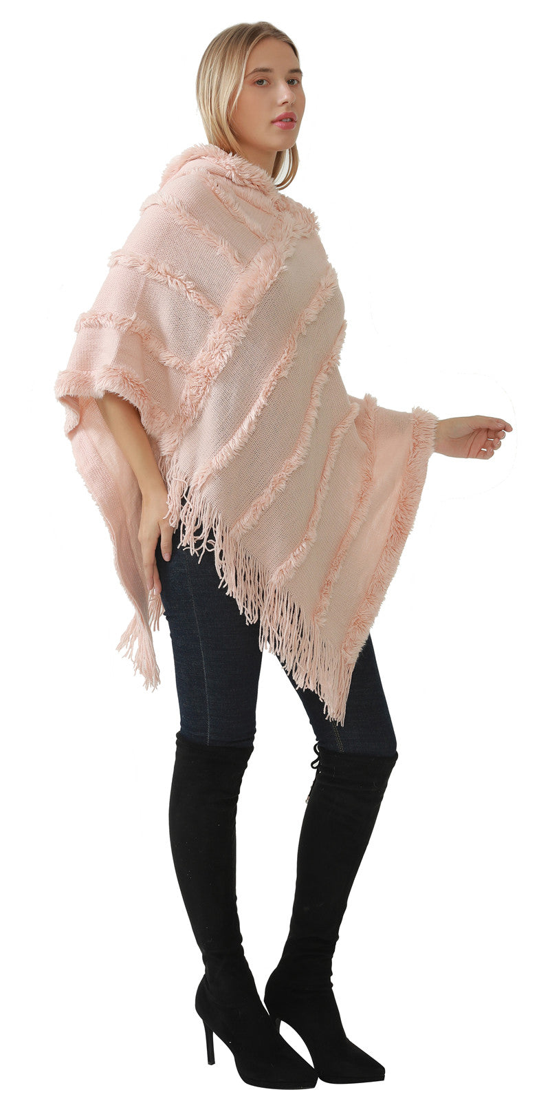 Hooded Fringe Stripe Poncho