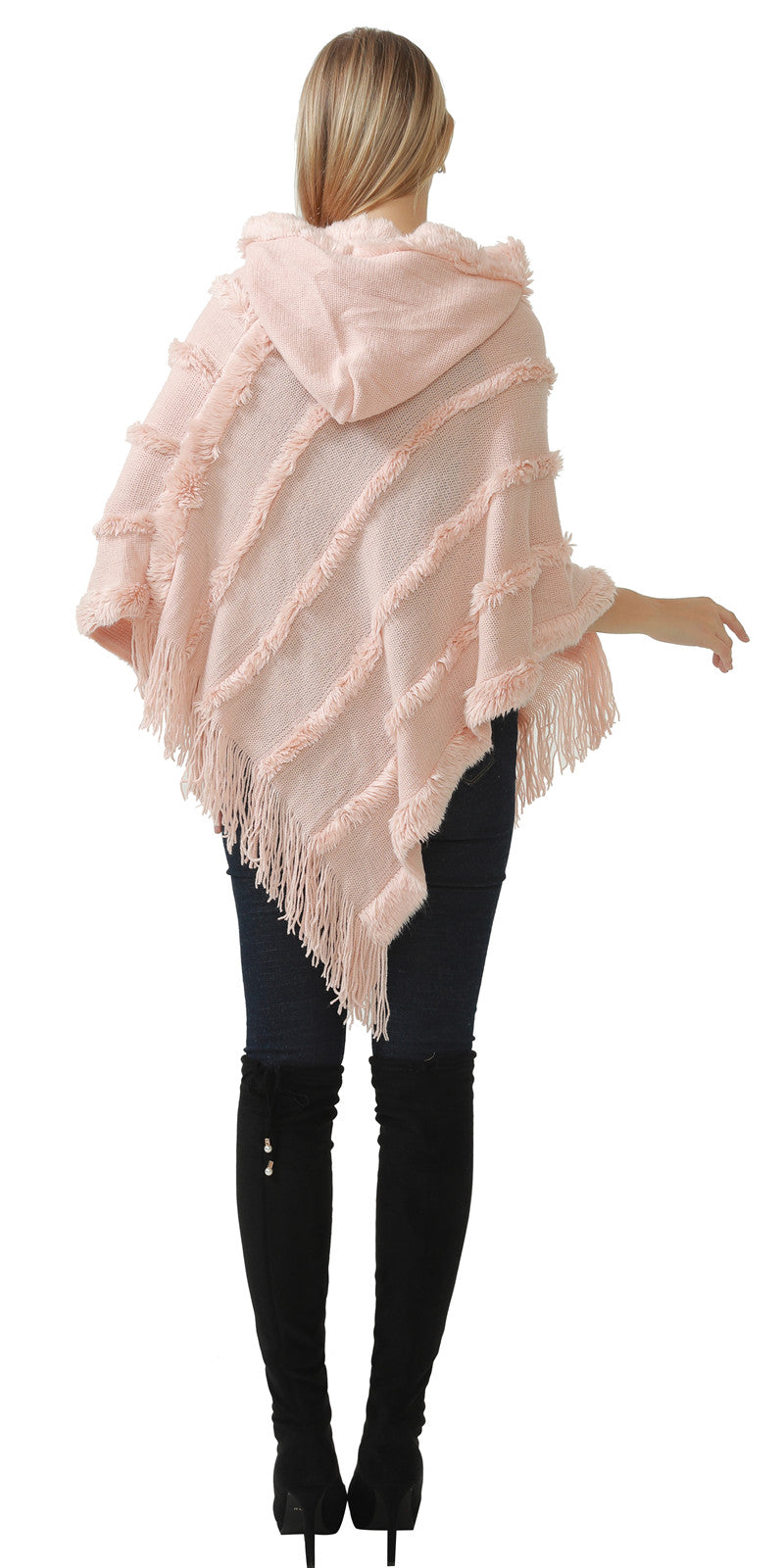 Hooded Fringe Stripe Poncho
