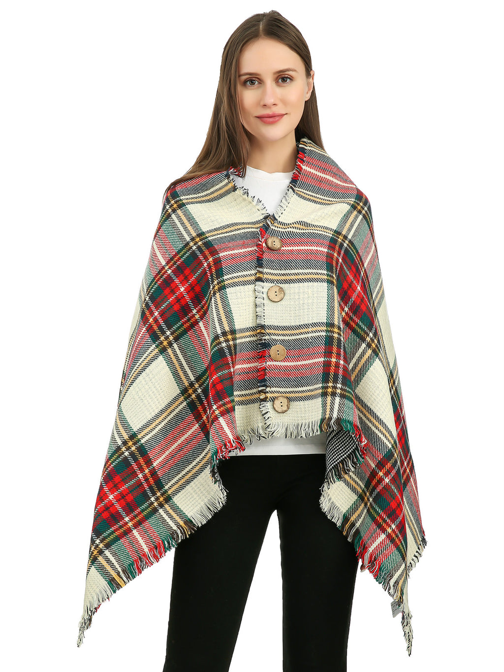 Buttoned Check Poncho Scarf