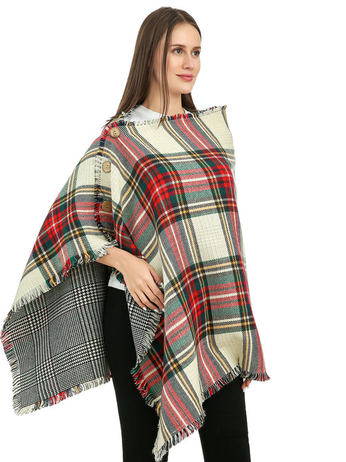 Buttoned Check Poncho Scarf