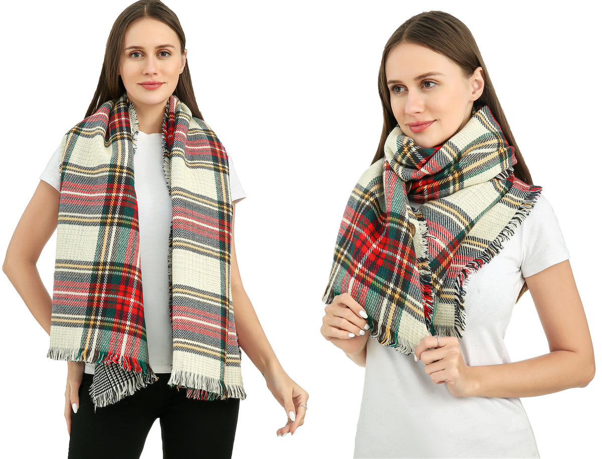 Buttoned Check Poncho Scarf