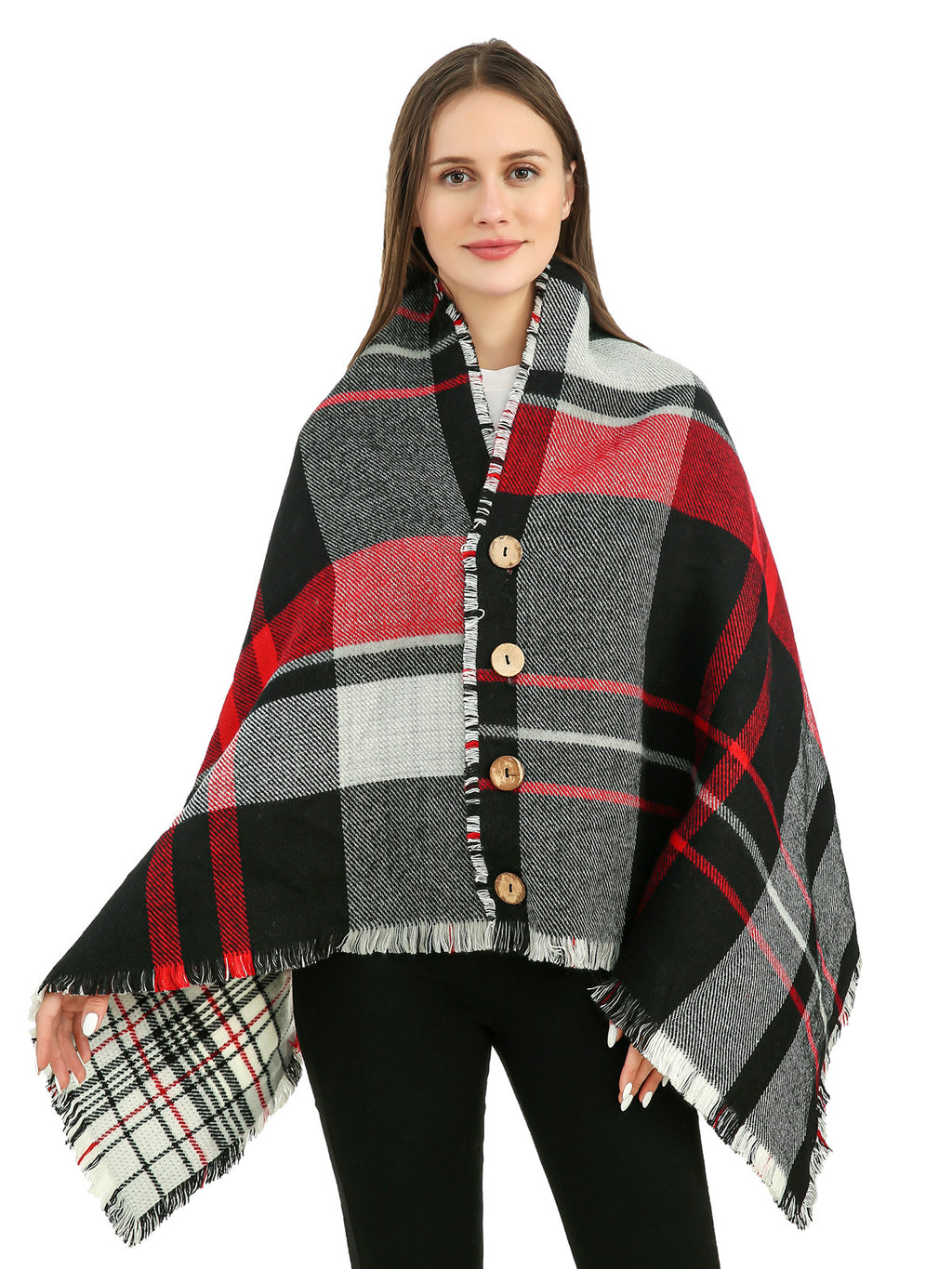 Buttoned Check Poncho Scarf