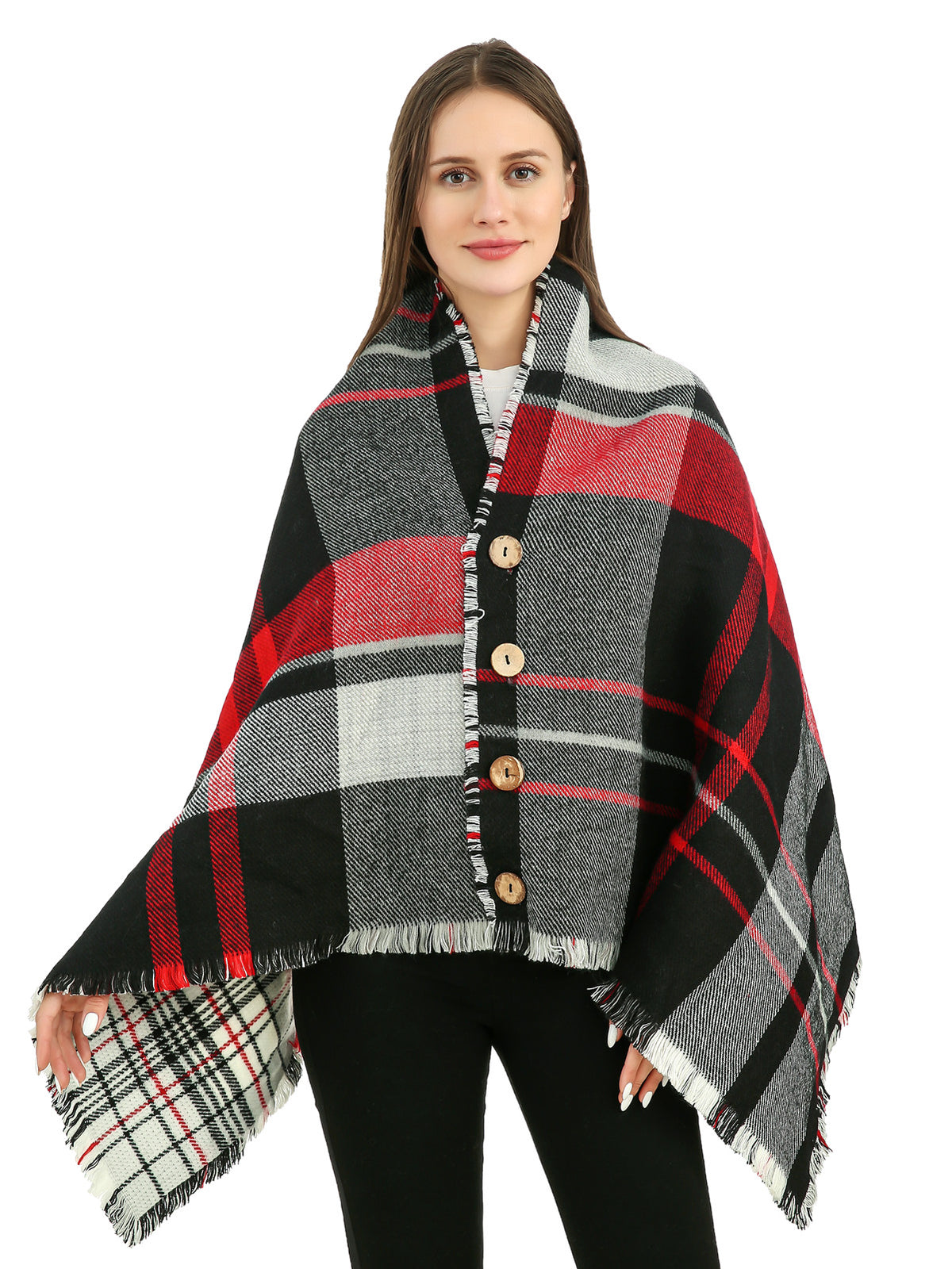 Buttoned Check Poncho Scarf