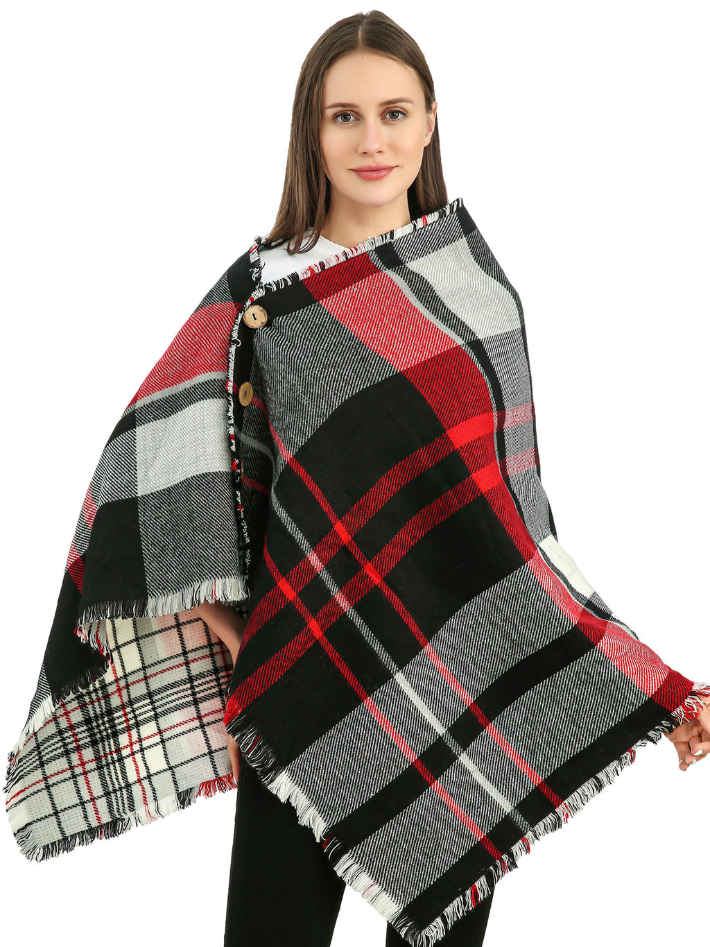 Buttoned Check Poncho Scarf