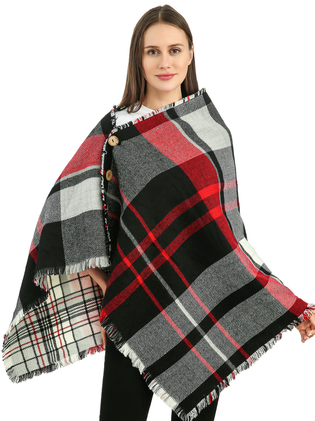 Buttoned Check Poncho Scarf