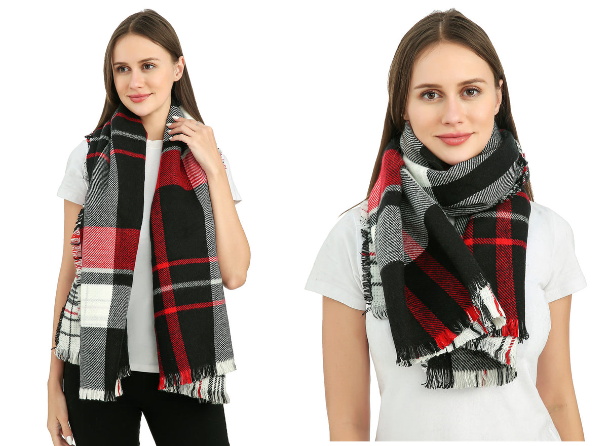 Buttoned Check Poncho Scarf