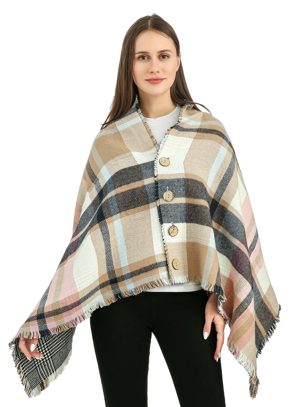 Buttoned Check Poncho Scarf