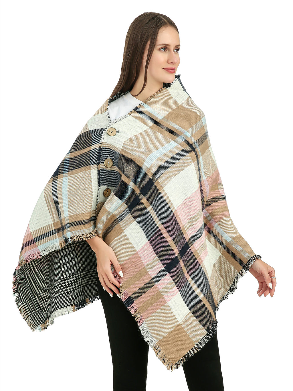 Buttoned Check Poncho Scarf