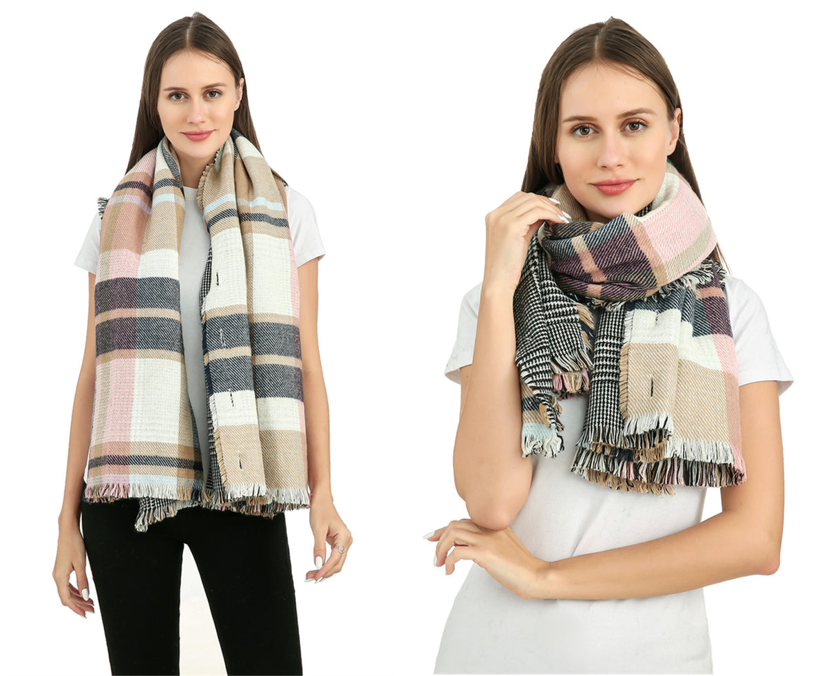 Buttoned Check Poncho Scarf